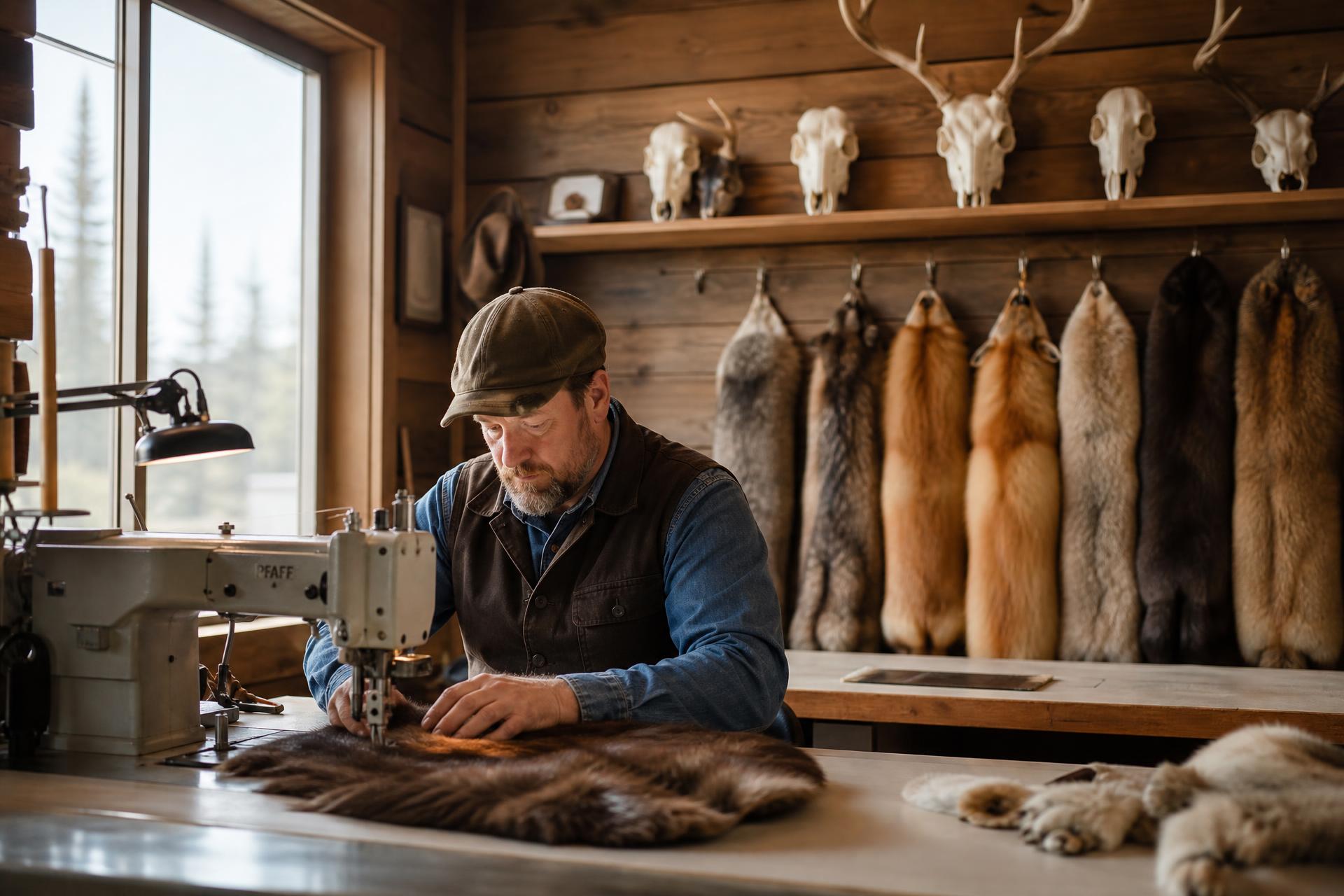 A craftsman sewing fur at a well-lit wooden workbench with tanned pelts and European mounts on the wall