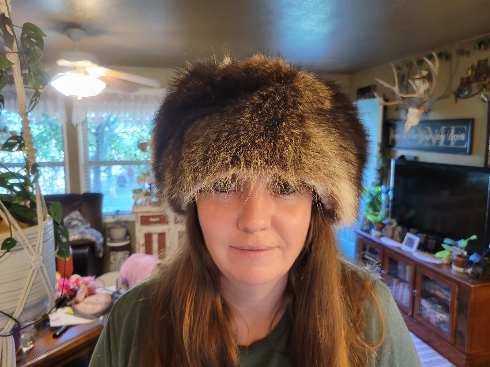 Finished fur hat worn by a customer